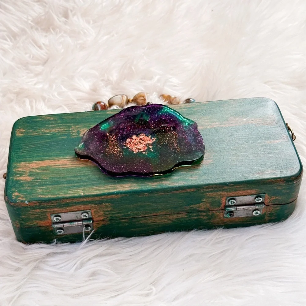 Unique Handcrafted Green and Purple Wooden Clutch
